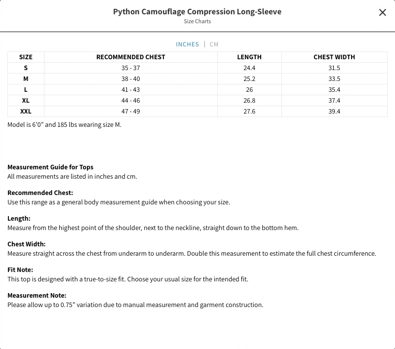 Elites Aera — product size chart and measurement guidance.