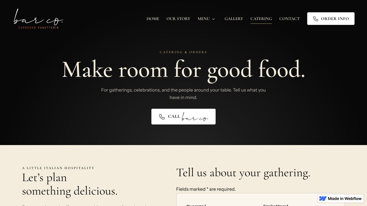 Bar Co. catering page and event inquiry
