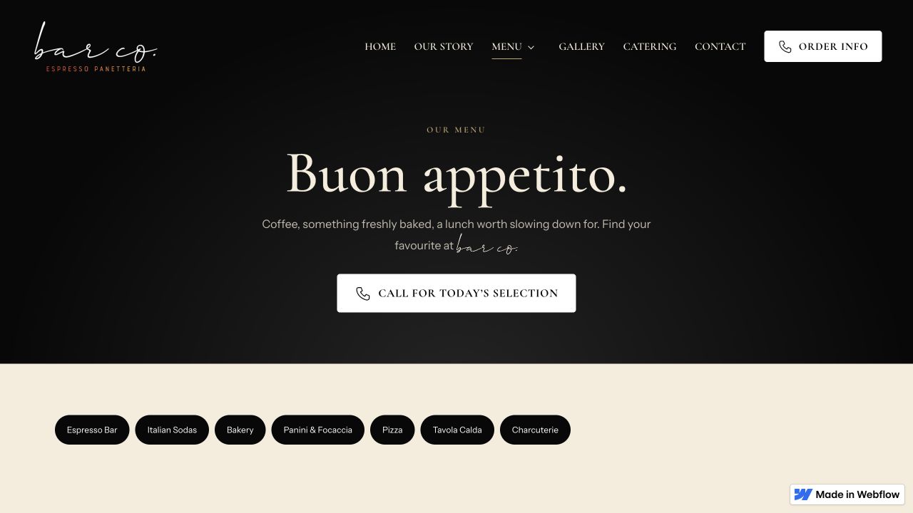 Bar Co. menu page with espresso, bakery and food categories