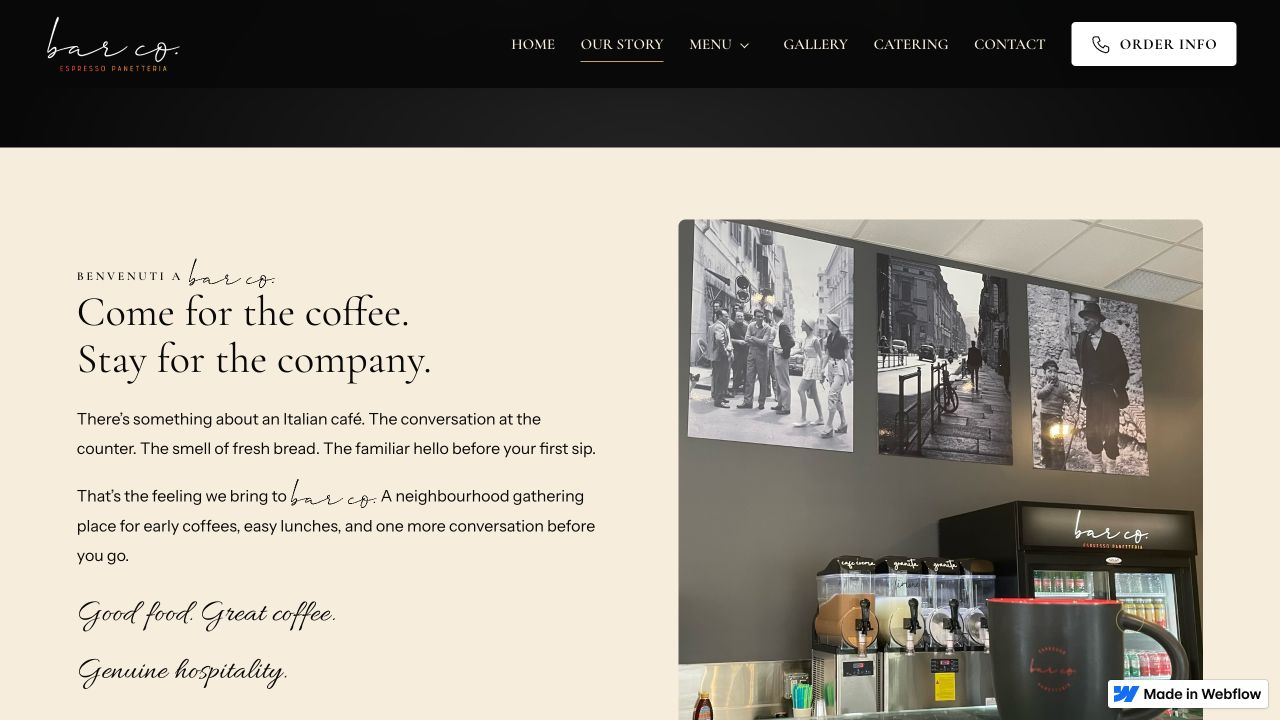 Bar Co. story page with café photography and welcoming copy