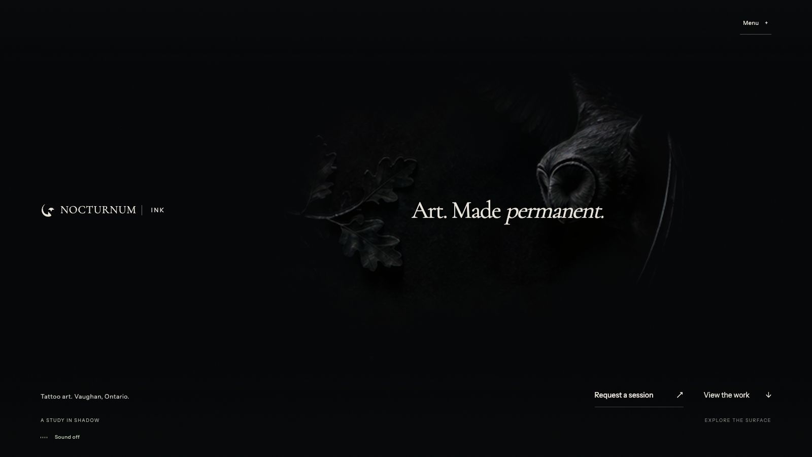Nocturnum Ink homepage with its softly revealed sculptural background